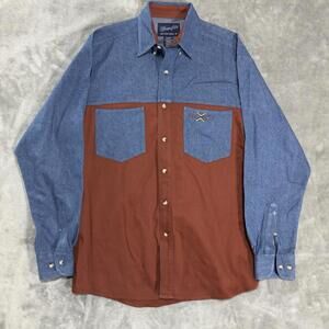 Wrangler Western Shirt Mens M Brown Cowboy Denim Two Tone Button Up